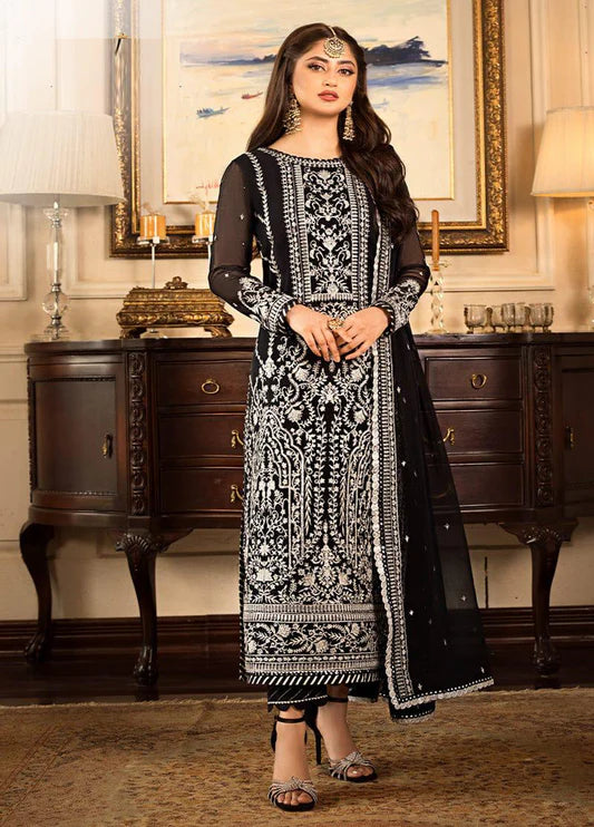 Embroidered Chiffon 3 Piece Unstitched Suit -EM0026-Party Wear Regula